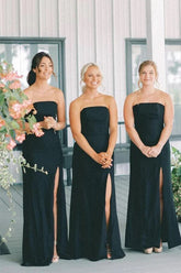 Black Satin Mermaid Sleeveless Long Bridesmaid Dresses With Slit