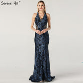 On Sale no return no refund Sale Blue Halter Sleeveless Dubai Design Evening Dresses Real Photo Beading Lace Sexy Evening Gowns 2025 LA60818