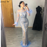 Blue Long Sleeve Feathers beaded Evening Dresses Dubai Mermaid Luxury Evening Gowns 2025 LA60932
