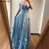 On Sale No Return No Refund Blue Off Shoulder Handmade Flowers Evening Dresses Pearls Sleeveless Sexy A-Line Evening Gowns 2025 LA70189