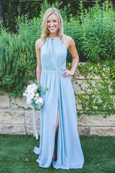 Chiffon A-line Floor-length High Slit Long Bridesmaid Dresses