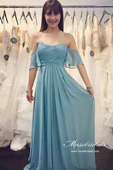 Blue Chiffon Ruched A-line Off-the-Shoulder Long Bridesmaid Dresses