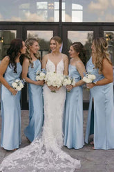 Blue Satin Sheath Spaghetti Straps Long Bridesmaid Dresses With Slit