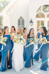 Blue Satin Spaghetti Strap Slit Long Bridesmaid Dresses With Bow