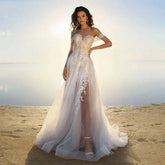 Bohemia Off Shoulder Wedding Dresses Women's Elegant Sleeveless Retro Sweet Lace Decal A-Line Backless Bridal Gowns Vestidos De