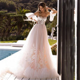 Bohemian Tulle Applique A-Line Wedding Dress With Detachable Sleeves Bridal Gownes Elegant Women's Formal Wedding Dresse Vestido