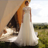 Boho Lace Tulle High Neck Wedding Dresses Women's Cap Sleeves A-Line Bohemian Bridal Gowns Vintage Elegant Robes De Mariée