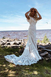 Boho Lace Sheath Sweep Train Sheath Beach Wedding Dresses WD592