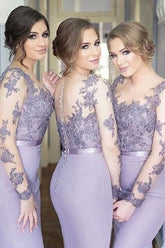 Lavender Lace Long Sleeves Bridesmaid Dress, Mermaid Wedding Party Dresses