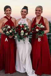 Burgundy Chiffon A-line Halter Neckline Floor-length Bridesmaid Dresses