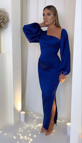 Vestidos de noche azules de manga larga, sexys, de satén, corte sirena con abertura, modelo Y4902