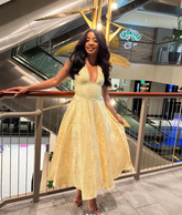 Robe de soirée sexy dos nu à décolleté plongeant en V, jaune satin imprimé, robe de bal Y8249