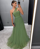 Robe de bal longue verte trapèze en tulle tendance Y5602