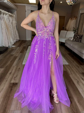 Robe de bal longue violette à col en V, en tulle et dentelle, avec fente haute (Y7847)