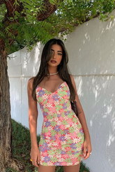 Vestido corto de tirantes finos con estampado floral para fiesta de bienvenida Y2688