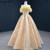 Champagne A-Line Strapless Sexy Evening Dresses 2025 Off Shoulder Feathers Sparkle Formal Dress HM67164