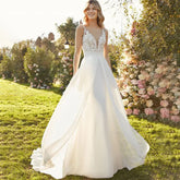 Chiffon Lace Bridal Dresses Deep V-Neck Wedding Gown A-Line Sleeveless robe de mariée bohème Buttons Backless Bride Custom Made