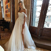 Classic Applique Wedding Dresses Sleeveless Sexy Side Slit Sweetheart Ball Gowns Fluffy Tulle Floor Length Formal Beach Party