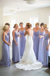 Classic Lilac Chiffon A-line V-neck Floor Length Bridesmaid Dresses