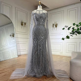 2025 Arabic Gray Mermaid Evening Dress With Beaded Elegant Cape Sleeves Gown For Formal Occasion LA72611