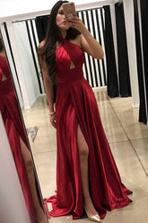 A-line Cross Neck Floor-Length Long Prom Dress With Side Slit