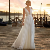 Deep V Neck Chiffon Beach Wedding Dress Elegant Illusion Back Lace Bridal Gowns White Evening Gowns Vestidos De Novia