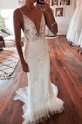 Deep V-Neck Mermaid Ivory Backless Lace Wedding Dress WD606