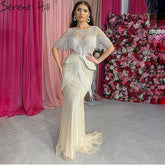 Dubai Beige Tassel Beading Mermaid Evening Dresses Design 2025 Half Sleeves Luxury Sexy Formal Dress LA70342