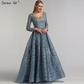 Dubai Blue Muslim Lace Beading Luxury Evening Dresses 2025 Long Plus Size Dress Evening Gowns LA60899 For Women