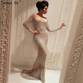 On Sale no return no refundSale Dubai Champagne Langarm Sexy Abendkleider 2025 Perlen Quaste Elegante Meerjungfrau Formale Kleid LA6559