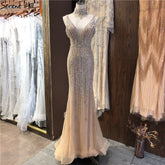 Dubai Champagne Pearls Diamond Formal Gowns Design 2025 V-Neck Sleeveless Sexy Evening Dresses LA70055