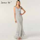 On Sale no return no refundSale Dubai Design Grey V-Neck Luxury Evening Dresses Beading Pearls Cap Sleeve Sexy Evening Gowns 2025 LA60821