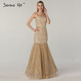 On Sale No Return No Refund Dubai Design Luxury Gold Glitter Evening Dresses 2025 Boat Neck Sleeveless Sexy Evening Gowns Real Photo LA60701