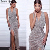 Sale Dubai Design Silver Deep-V Luxury Evening Dresses Sequined Mermaid Sexy Formal Dress 2025 LA70052