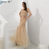 Dubai Gold Full Diamond Mermaid Evening Dresses 2025 Off Shouler Sexy Elegant Formal Gowns LA60807