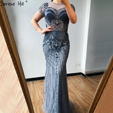 Dubai Grey Mermaid O-Neck Design Evening Dresses Beading Diamond Luxury Cap Sleeve Formal Dress 2025 LA70152