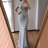 Dubai Grey Mermaid Short Sleeves Evening Dresses Luxury Beading Sparkle Formal Dress 2025 LA70649