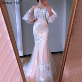 Dubai Nude White Mermaid Sexy Wedding Dresses 2025 Lantern Sleeve Flowers Beading Bridal Gowns LA70417 Custom Made