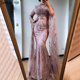 Dubai Pink Mermaid Luxury Evening Dresses 2025 Long Sleeves Crystal Beading Formal Dress LA70595