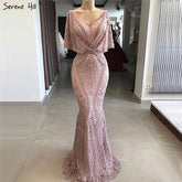 Dubai Pink V-Neck Pearls Lace Evening Gowns 2025 Half Sleeves Mermaid Sexy Elegant Formal Evening Dresses LA70156