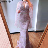 Dubai Purple V-Neck Mermaid Sexy Evening Dresses 2025 Sleeveless Shawl Yarn Feathers Formal Dress LA70171A