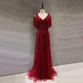 Dubai Red Luxury A-Line Sexy Evening Dresses 2025 Half Sleeves Beading Crystal Formal Dress Design Real Photo LA70458