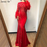 On Sale no return no refundSale Dubai Red O-Neck Sequined Beading Evening Dressese Feathers Long Sleeves Mermaid Formal Dress 2025 LA70379