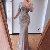 Dubai Silver O-Neck Mermaid Evening Dresses Design 2025 Luxury Long Sleeves Sequins Beading Evening Gown LA70249