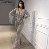 On Sale no return no refundSale Dubai Silver V-Neck Tassel Beading Mermaid Evening Dresses 2025 Long Sleeve Luxury Sexy Evening Gowns LA60770