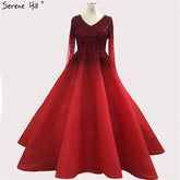 Dubai Wine Red V-Neck High-end Sexy Evening Dresses 2025 Long Sleeve Crystal Luxury Evening Gowns Design LA70272