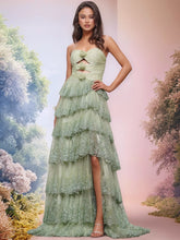 Cut Front 3d Rose Straples Tiered A-line Evening Gown with Slit