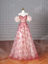 Robe de bal rouge en tulle ornée de perles, coupe trapèze, épaules dénudées, modèle Y8621