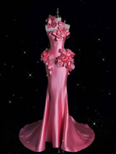 Vestido largo de noche de sirena con flores 3D de satén rosa, bonito modelo Y8339