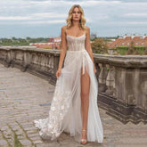 Elegant Beach Wedding Dresses High Slits Tulle Bohemian Lace Applique Robes De Mariee Backless Bridal Gowns Robe De Vestido